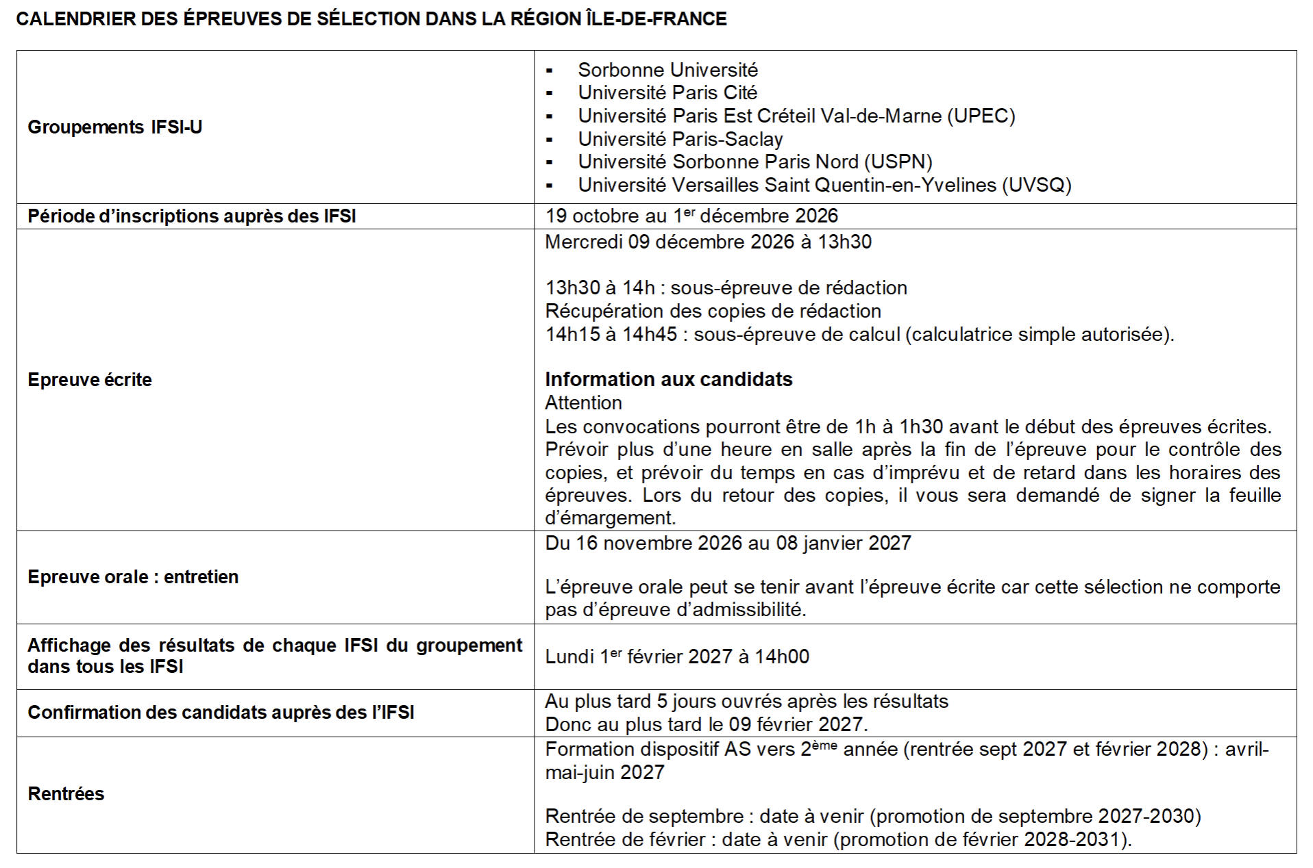 Calendrier Epreuves IFSI IDF